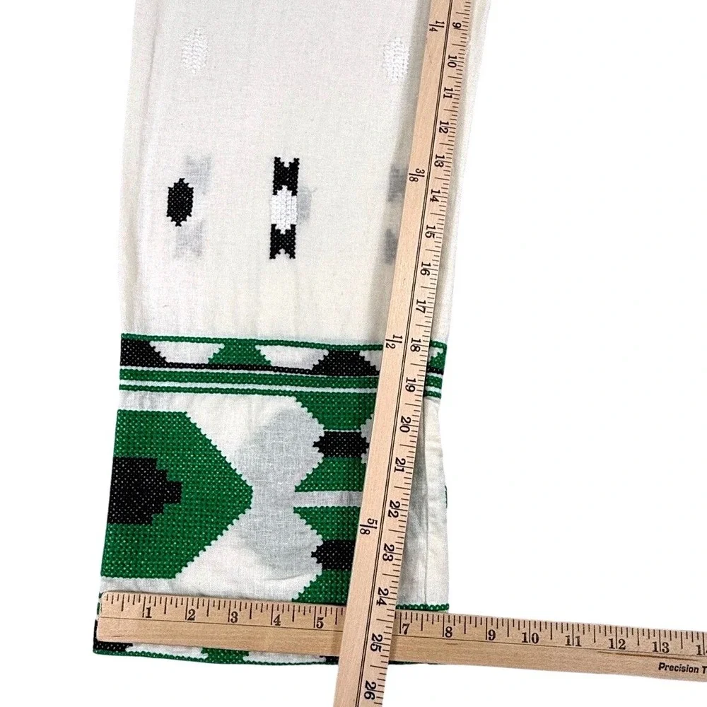 Zara Womens Linen Blend Embroidered Geometric Straight Leg Pants White Green L